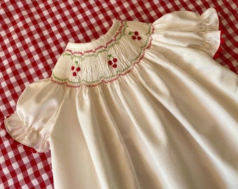 Sweet Cherry Hand Smocked Bishop Dress for Baby or Toddler Girl. Ivory with Red and Green Cherries. Spring and Summer. Made to Order.