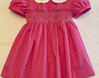 Sassy Pink and White Classic Hand Smocked and Embroidered Dress for Baby and Toddler Girl. Made to Order.