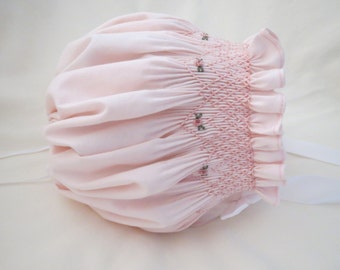 Lovely Light Pale Pink Hand Smocked Bonnet for Baby Girl.