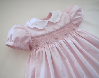 Beautiful Soft Pale Pink and White Classic Hand Smocked and Embroidered Dress for Baby and Toddler Girl. Made to Order.