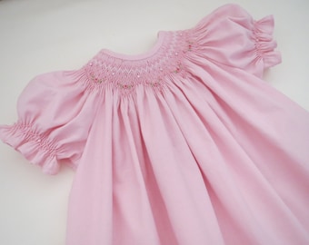 Beautiful Baby Pink and White Hand Smocked Bishop Dress for Baby and Toddler Girl. Made to Order.