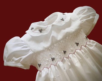White Hand Smocked Christmas Dress with Red Holly Embroidery for Baby Girl. Toddler Girl. Made to Order.