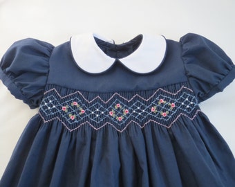 Navy Blue and Pink Hand Smocked Dress for Baby. Toddler Girl. Made to Order.