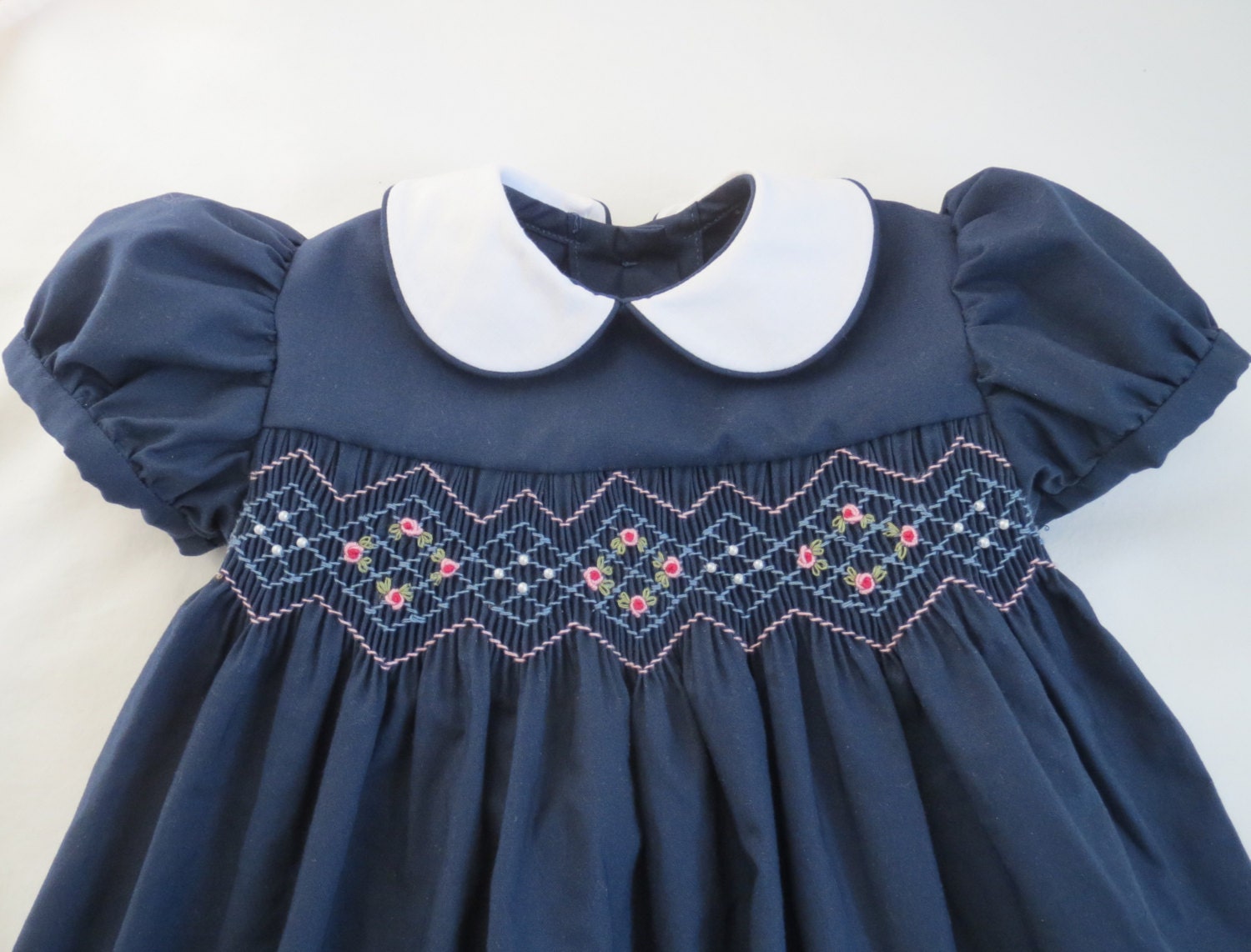 AnnetteGraceDesigns Navy Blue and Pink Hand Smocked Dress for Baby. Toddler Girl. Made to Order