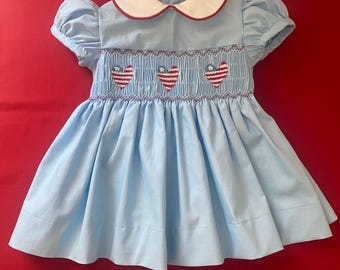 Patriotic American Hand Smocked American Flag Heart Baby or Toddler Girl Dress. Made to Order.