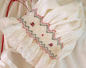 Precious Christmas Hand Smocked Bonnet for Baby Girl. Ivory with Red and Green eyelet Bonnet. Made to Order.