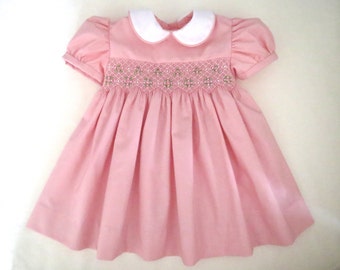 Lovely Light Pink and White Hand Smocked Dress for Baby Girl. Toddler Girl.