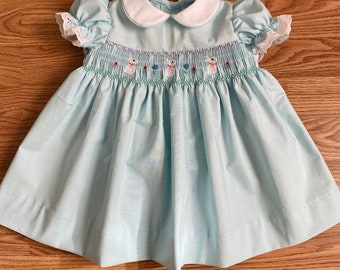 Baby Blue Hand Smocked White Easter Bunny Dress. Baby and Toddler Girl. Made to Order.