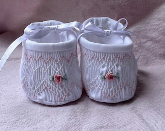 Precious White and Pink Hand Smocked Baby Shoes Booties with Tiny Bows and Roses. Size 0-3 mo.