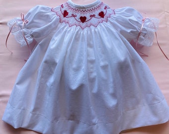 Valentine’s Day Hand Smocked  Bishop Dress for Baby Girl. Pink, Red and White Hearts Lacy Dress. Made to Order.