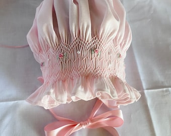 Beautiful Pale Pink and White Hand Smocked Bonnet for Baby and Toddler Girl. Made to Order.
