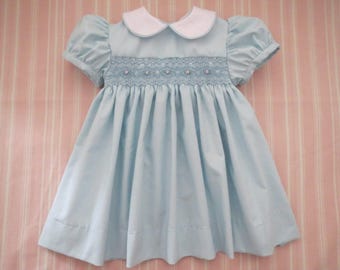 Beautiful Baby Blue, White and Pink Hand Smocked Dress for Baby Girl. Toddler Girl. Spring or Easter Dress. Baby Gift.