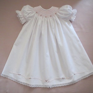 Precious White and Pink Hand Smocked and Embroidered Bishop Dress for Baby Girl Featuring Shadow Work Embroidery