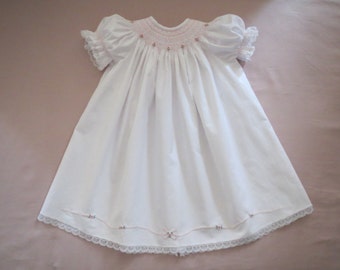 Precious White and Pink Hand Smocked and Embroidered Bishop Dress for Baby Girl Featuring Shadow Work Embroidery