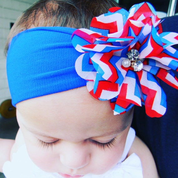 Red White Blue Star Print Newborn Headband Baby Girl Hair Fourth Of July Bow