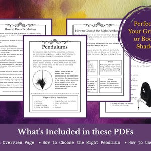 May include: A collection of printable PDF pages with information on pendulums, including how to use them and choose the right one. The pages have a black and white design with text and illustrations, perfect for a grimoire.