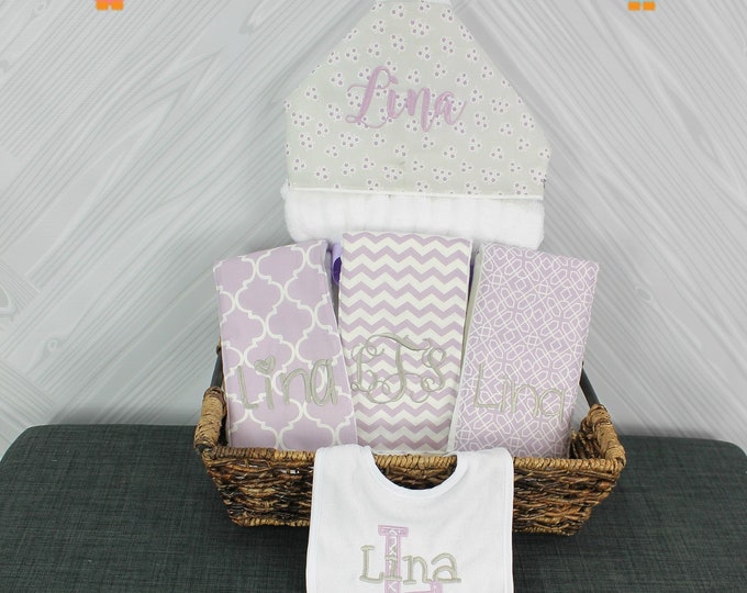 The Original Baby gift basket- Custom for boy or girl monogrammed hooded towel, burp cloths and bib. Perfect baby shower gift!