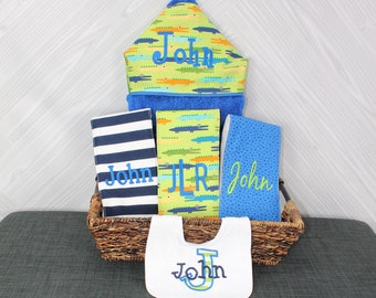 The Original Baby gift basket- Custom for boy or girl monogrammed hooded towel, burp cloths and bib. Perfect baby shower gift!