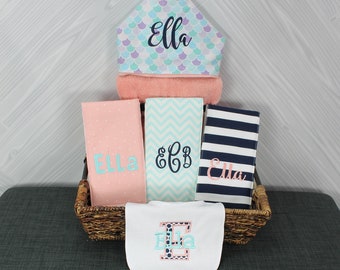 The Original Baby gift basket- Custom for boy or girl monogrammed hooded towel, burp cloths and bib. Perfect baby shower gift!