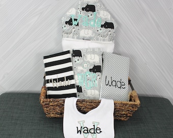 The Original Baby gift basket- Custom for boy or girl monogrammed hooded towel, burp cloths and bib. Perfect baby shower gift!