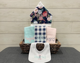 Monogrammed Baby Gift Basket – Hooded Towel, Burp Cloths & Bib