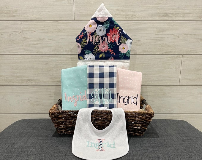 Monogrammed Baby Gift Basket – Hooded Towel, Burp Cloths & Bib