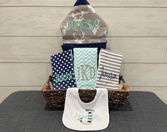 The Original Baby gift basket- Custom for boy or girl monogrammed hooded towel, burp cloths and bib. Perfect baby shower gift!