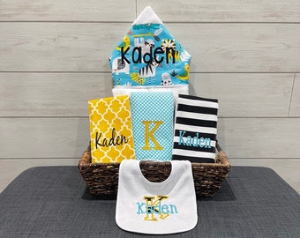 Monogrammed Baby Gift Basket – Hooded Towel, Burp Cloths & Bib