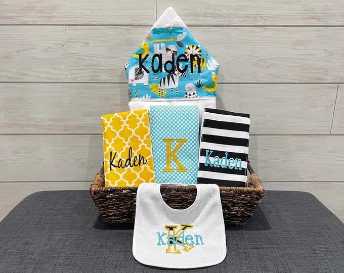 Monogrammed Baby Gift Basket – Hooded Towel, Burp Cloths & Bib