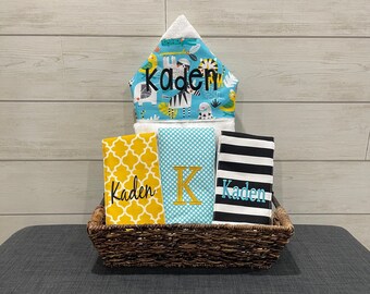 The Bath and Burp gift basket- Custom for boy or girl monogrammed hooded towel and burp cloths. Perfect baby shower gift!
