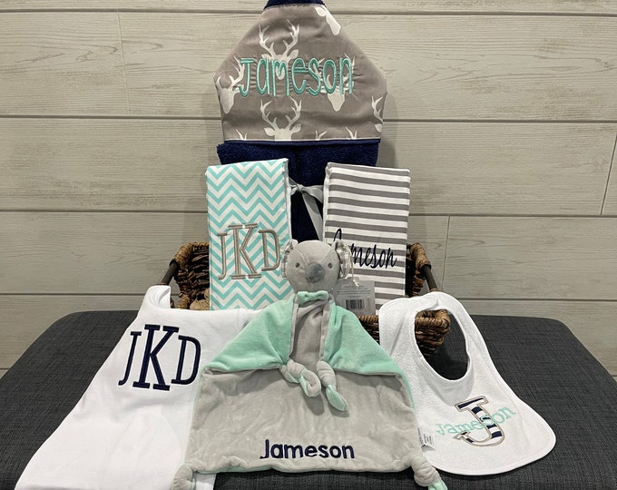 A Taste of the Favorites Baby gift basket- Custom for boy or girl monogrammed hooded towel, burp cloths, bib and onesie