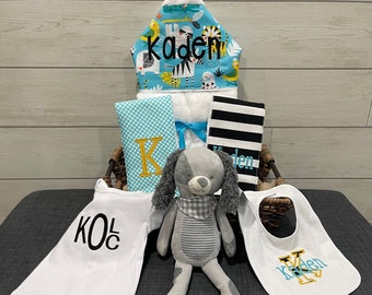 All That and a Plush Baby gift basket- Custom for boy or girl monogrammed hooded towel, burp cloths, bib, onesie and 16" plush animal