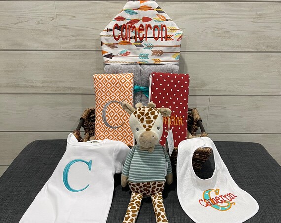 All That and a Plush Baby gift basket- Custom for boy or girl monogrammed hooded towel, burp cloths, bib, onesie and 16" plush animal