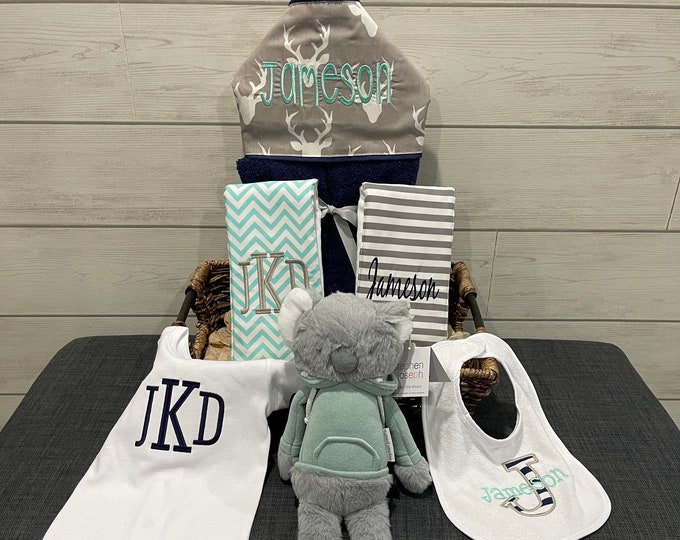 All That and a Plush Baby gift basket- Custom for boy or girl monogrammed hooded towel, burp cloths, bib, onesie and 16" plush animal