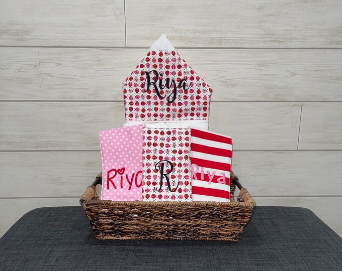 Monogrammed Baby Gift Basket – Hooded Towel & Burp Cloths