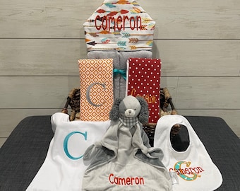 Monogrammed Baby Gift Basket – Personalized Hooded Towel & Essentials