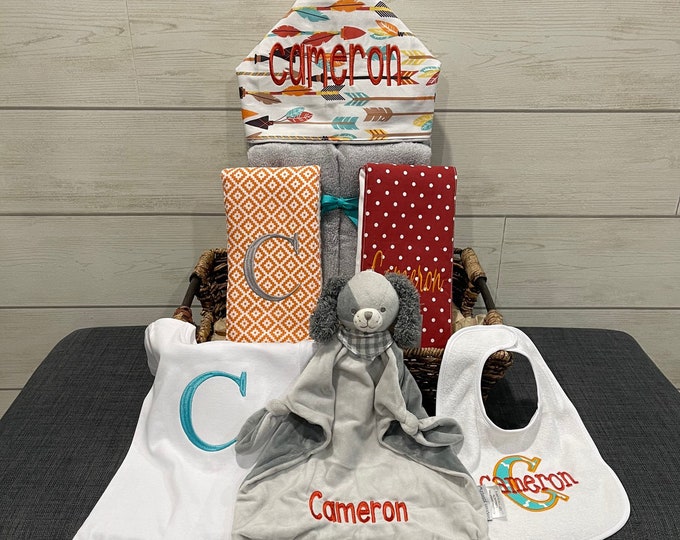 Monogrammed Baby Gift Basket – Personalized Hooded Towel & Essentials