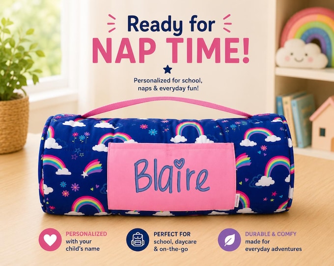 Personalized Kids Nap Mat: Attached Minky Blanket, Removable Pillow, Machine Washable, Daycare/Preschool Essential