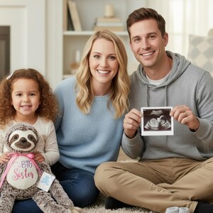 May include: A family of three smiles at the camera, holding an ultrasound image. A young girl holds a plush sloth toy with a pink ribbon that says "Big Sister". The family is sitting on a light-colored rug.