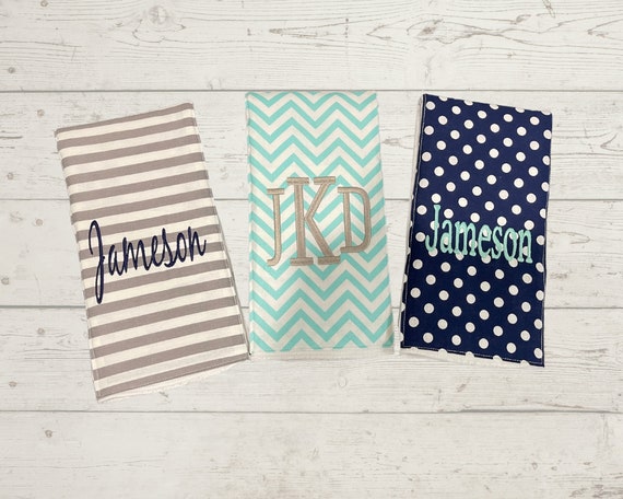 Monogrammed Burp Cloths, Set of 3. Custom made for boy or girl.