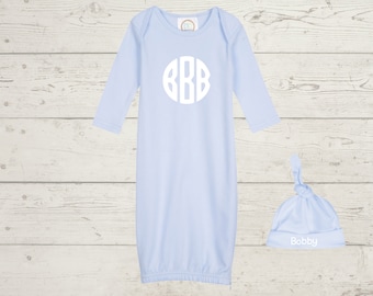 Embroidery Monogrammed Infant Baby Boy Gown with side zipper and Optional Hat