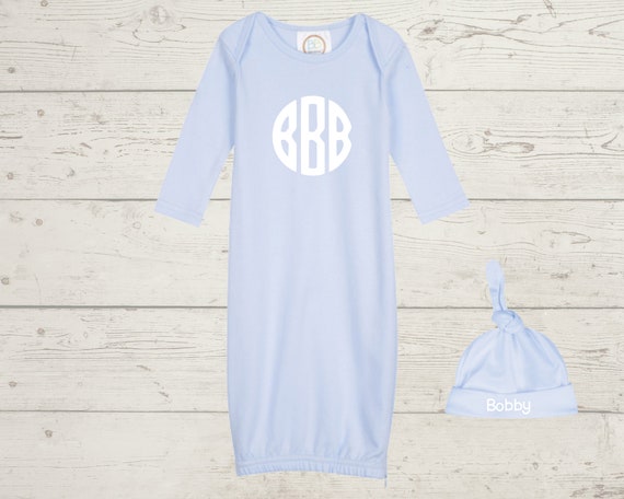 Embroidery Monogrammed Infant Baby Boy Gown with side zipper and Optional Hat