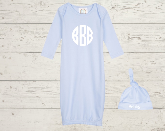 Embroidery Monogrammed Infant Baby Boy Gown with side zipper and Optional Hat