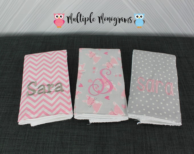 Monogrammed Burp Cloths, Set of 3, Custom made for boy or girl, bunny rabbit chevron burp cloths