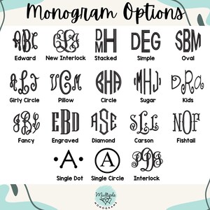 a collection of monogram options, including various initials and combinations of letters, each with its own unique design.
