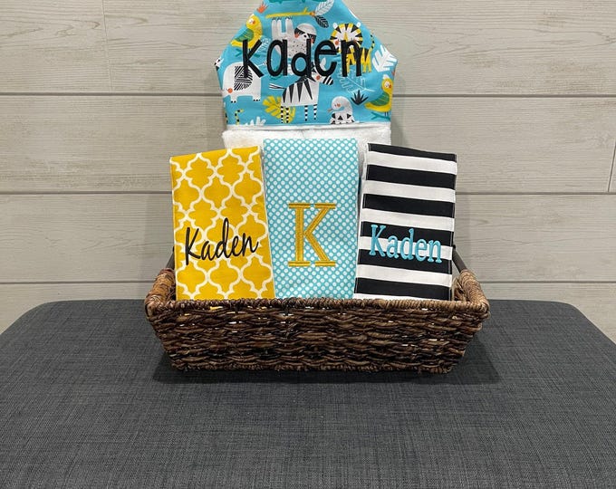 The Bath and Burp gift basket- Custom for boy or girl monogrammed hooded towel and burp cloths. Perfect baby shower gift!