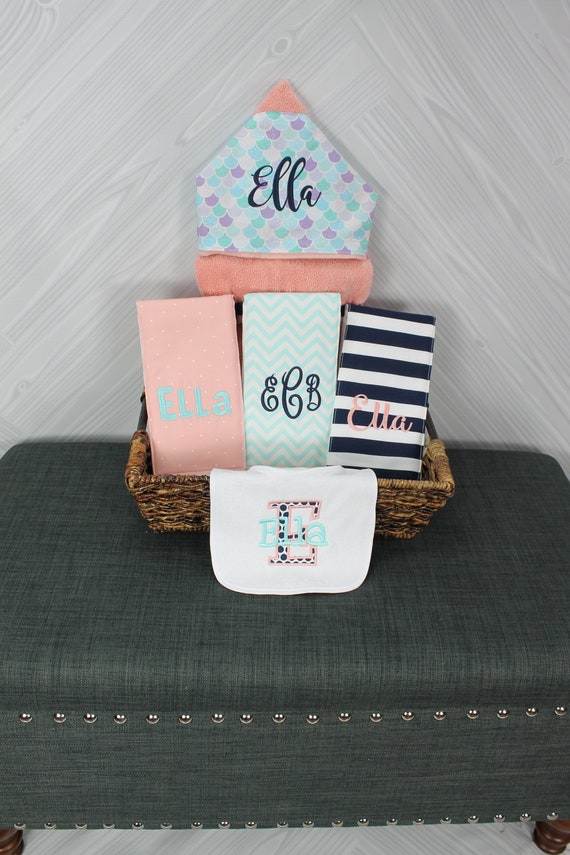 The Original Baby gift basket- Custom for boy or girl monogrammed hooded towel, burp cloths and bib. Perfect baby shower gift!