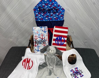 A Taste of the Favorites Baby gift basket- Custom for boy or girl monogrammed hooded towel, burp cloths, bib and onesie