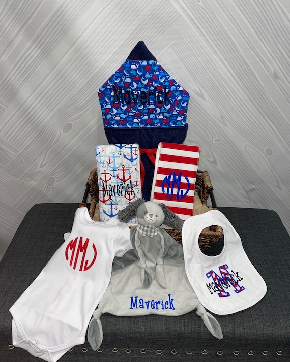 A Taste of the Favorites Baby gift basket- Custom for boy or girl monogrammed hooded towel, burp cloths, bib and onesie