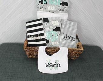 The Original Baby gift basket- Custom for boy or girl monogrammed hooded towel, burp cloths and bib. Perfect baby shower gift!